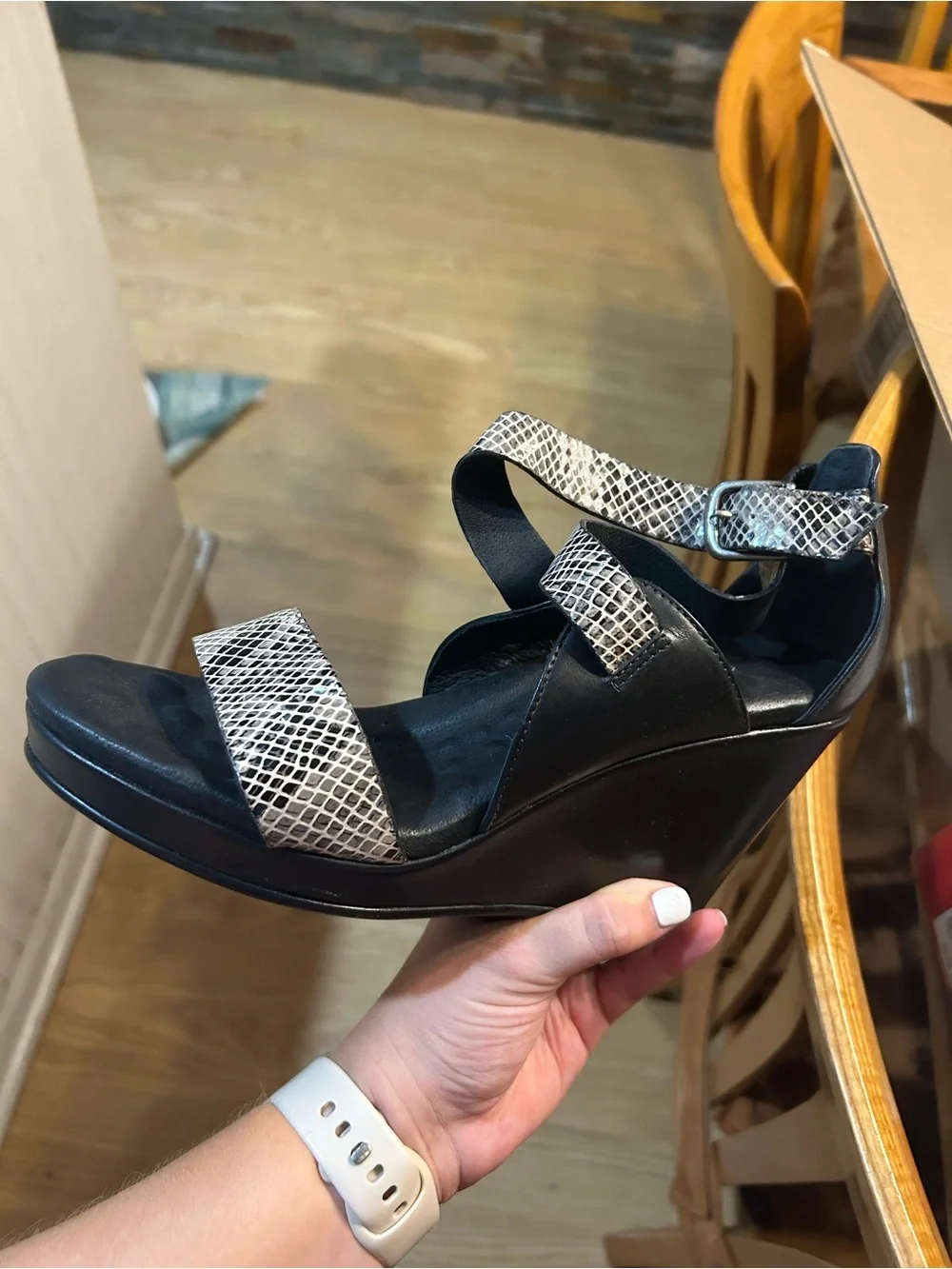 Walking Cradles Black Wedge Sandals with Snake-Print Straps